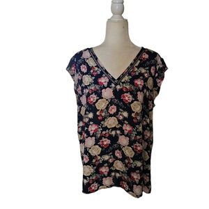 DR2 V Neck Top Blouse Navy Floral Print Loose Fit Flowy Womens XL